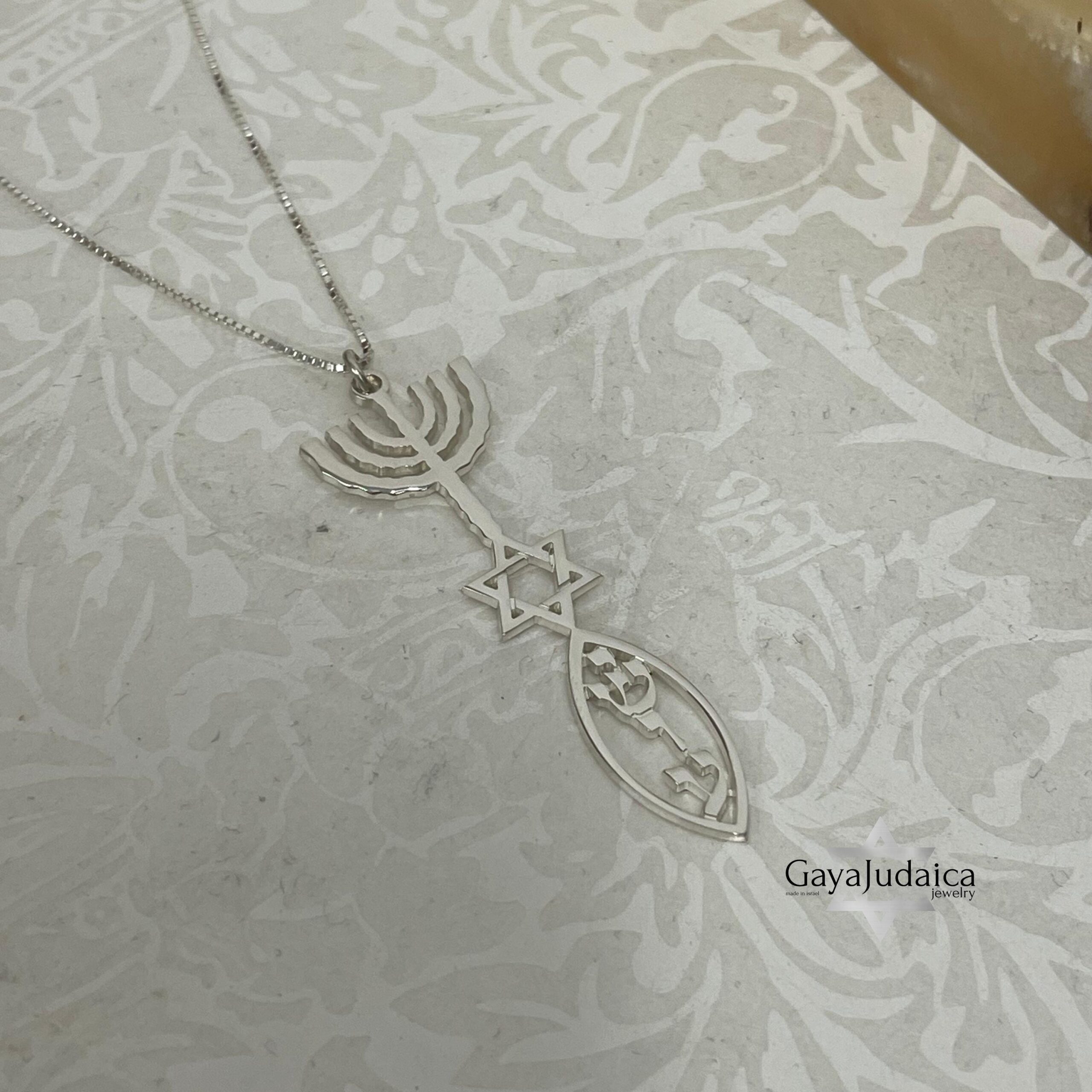 Personalized Hanukkah Menorah Fish Pendant with Star of David Personalized Hanukkah Menorah Fish Pendant with Star of David