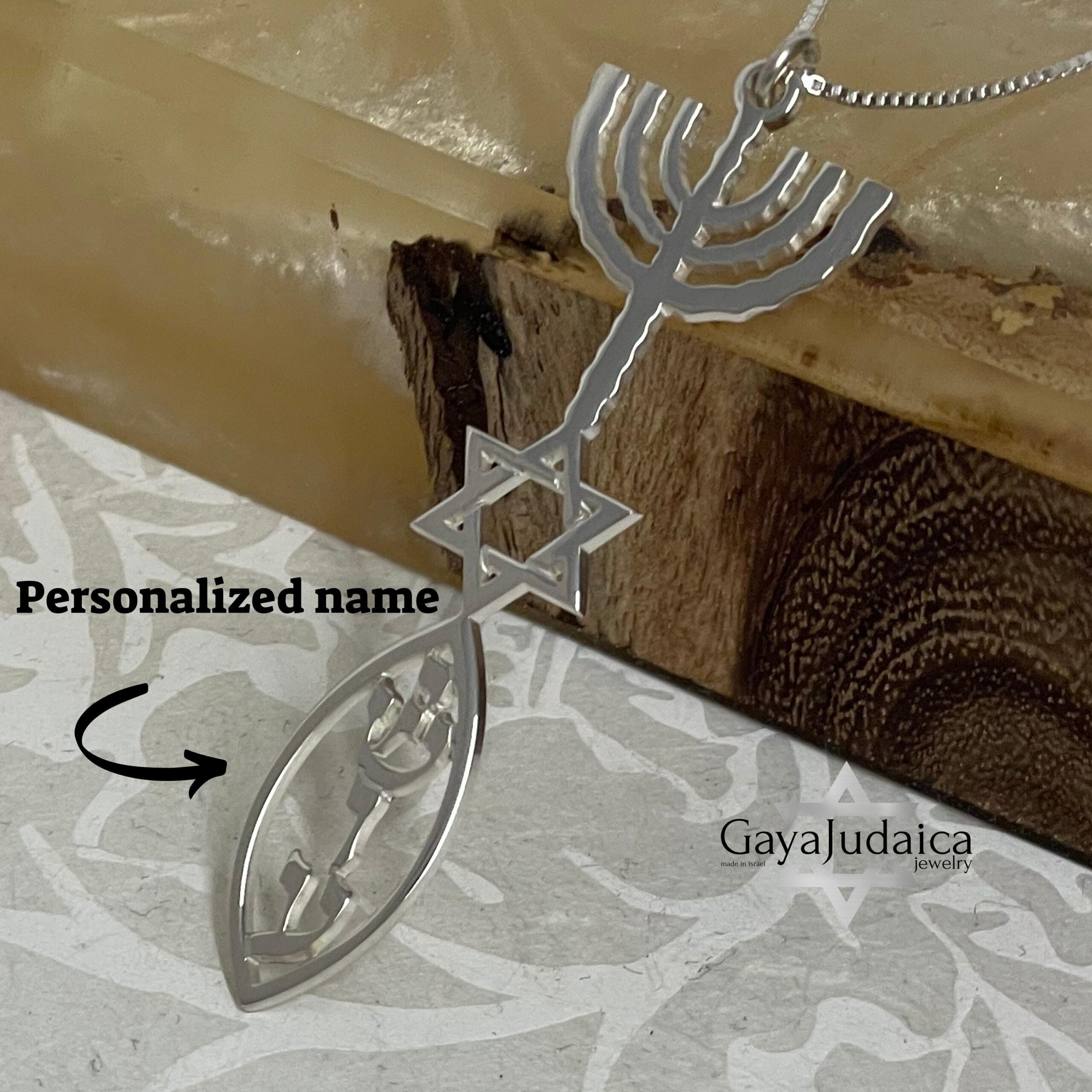 Personalized Hanukkah Menorah Fish Pendant with Star of David Personalized Hanukkah Menorah Fish Pendant with Star of David