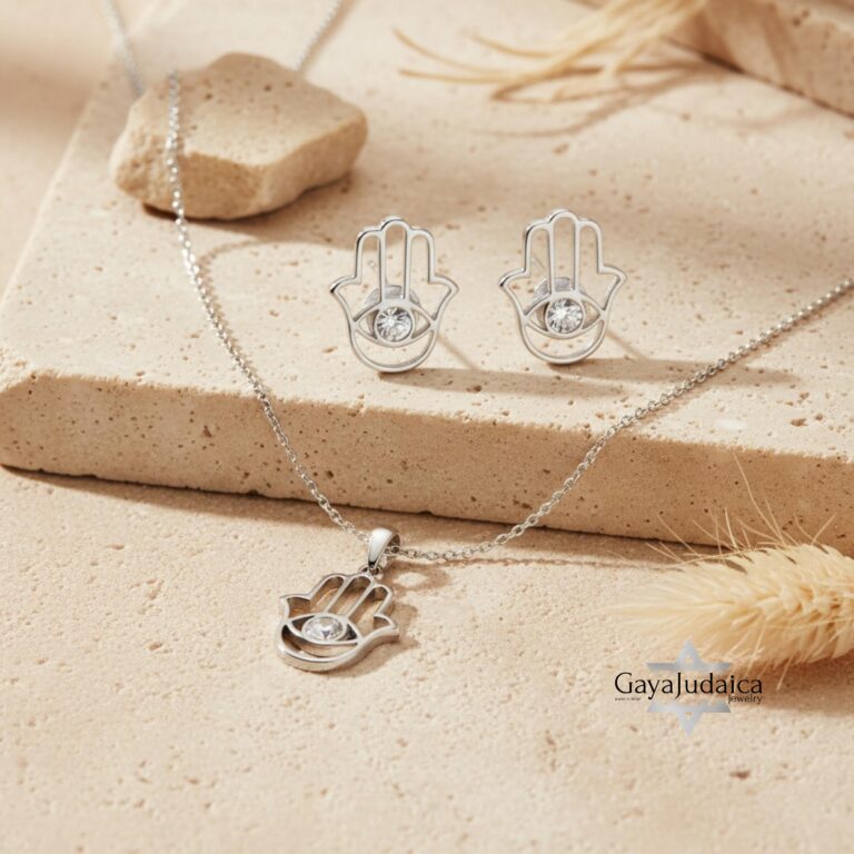 Hamsa Necklace and Earrings Set — Sterling Silver — view 1