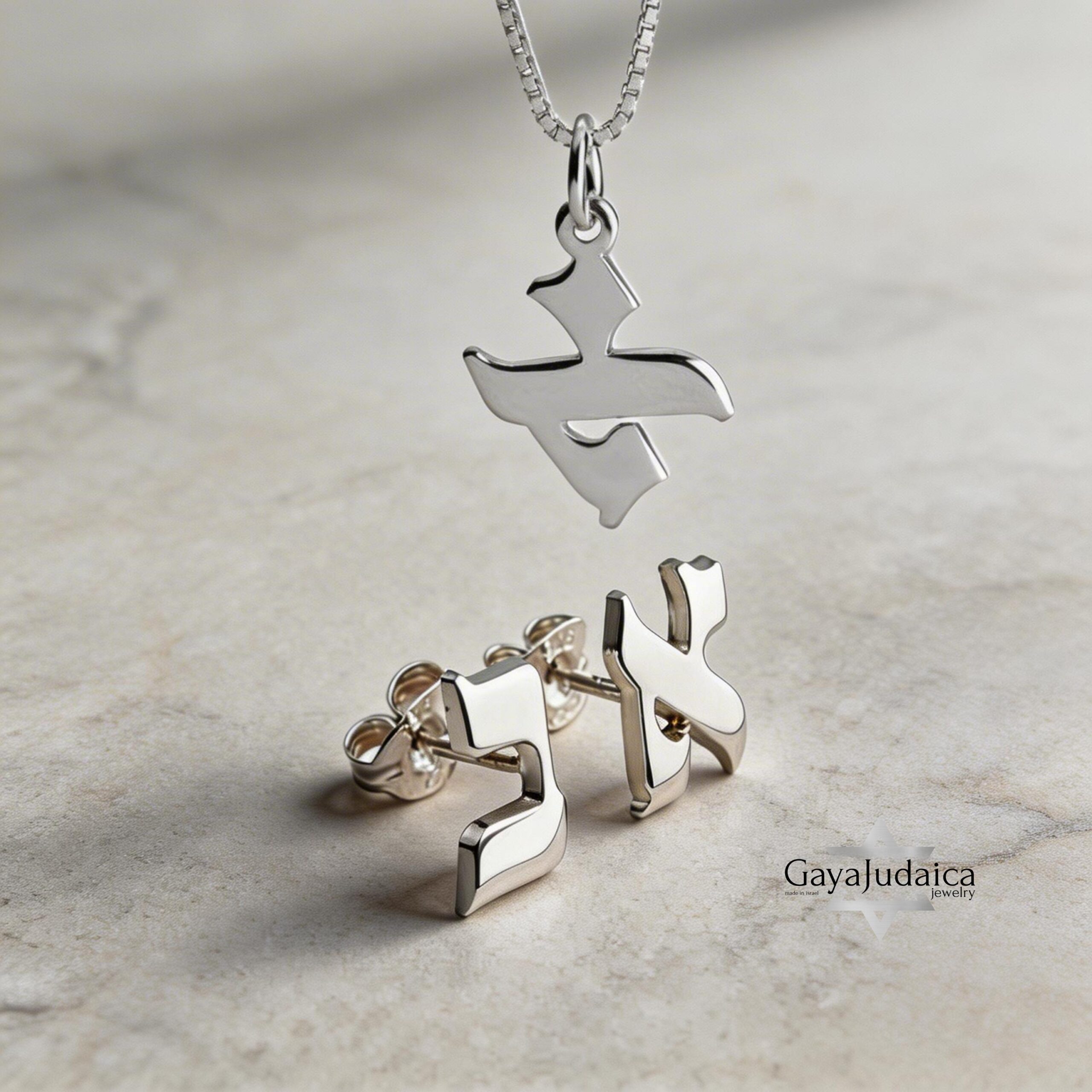Hebrew Letter Earrings and Necklace Set — Sterling Silver Personalized Jewish Jewelry Hebrew Letter Earrings and Necklace Set — Sterling Silver Personalized Jewish Jewelry