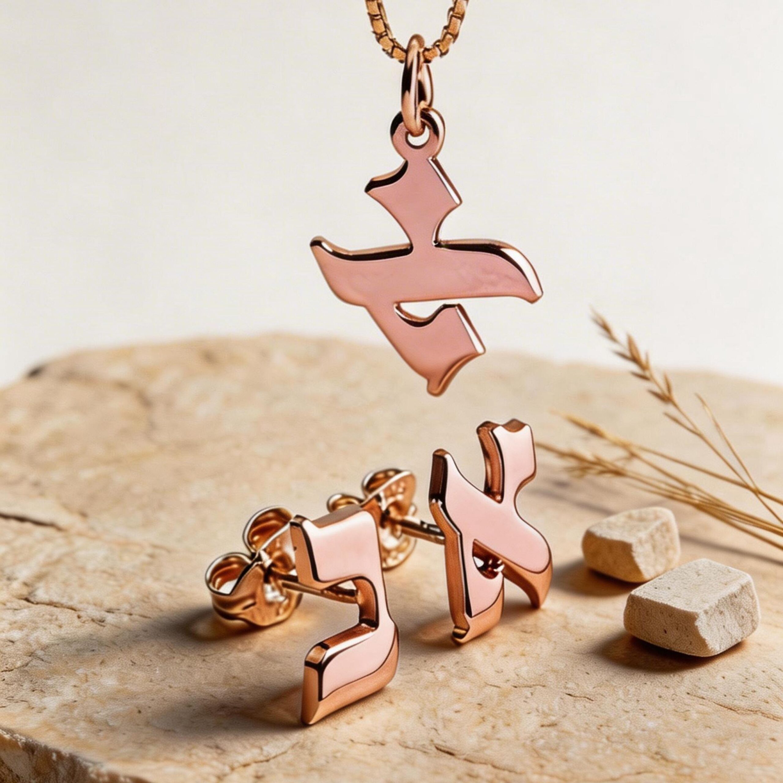 Hebrew Letter Earrings and Necklace Set — Sterling Silver Personalized Jewish Jewelry Hebrew Letter Earrings and Necklace Set — Sterling Silver Personalized Jewish Jewelry