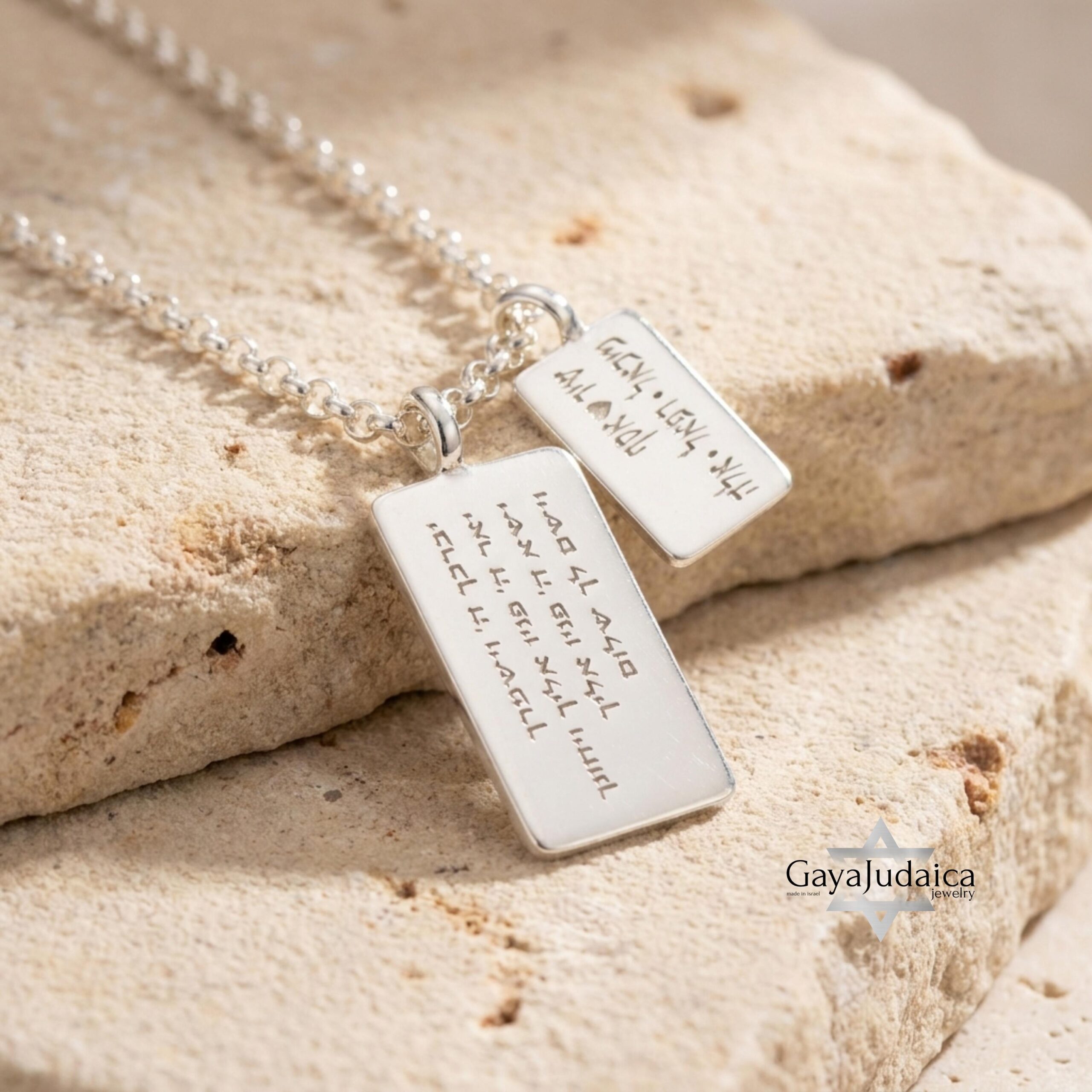 Custom Hebrew Double Tag Necklace — Sterling Silver Engraved Personalized Pendant Custom Hebrew Double Tag Necklace — Sterling Silver Engraved Personalized Pendant