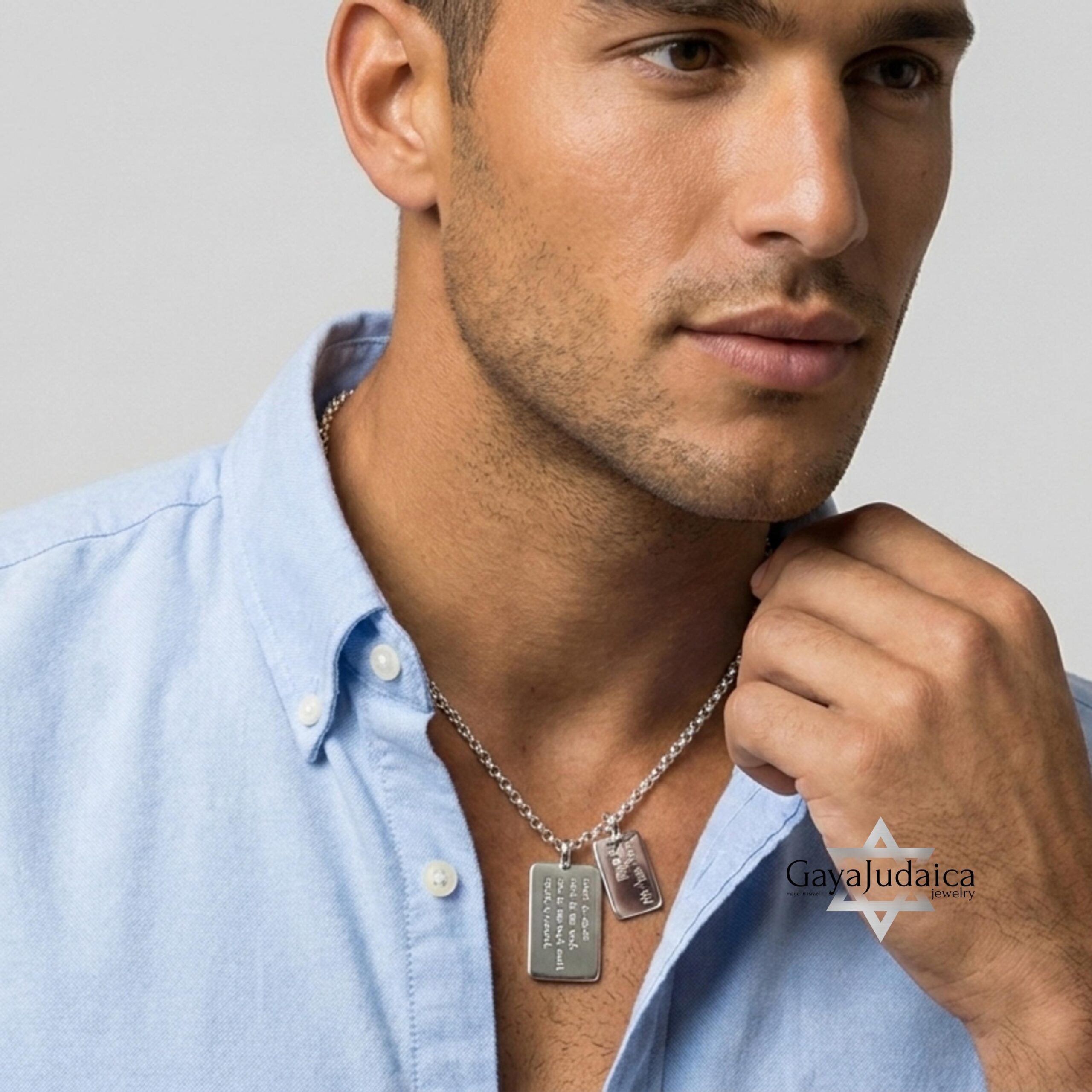 Custom Hebrew Double Tag Necklace — Sterling Silver Engraved Personalized Pendant Custom Hebrew Double Tag Necklace — Sterling Silver Engraved Personalized Pendant