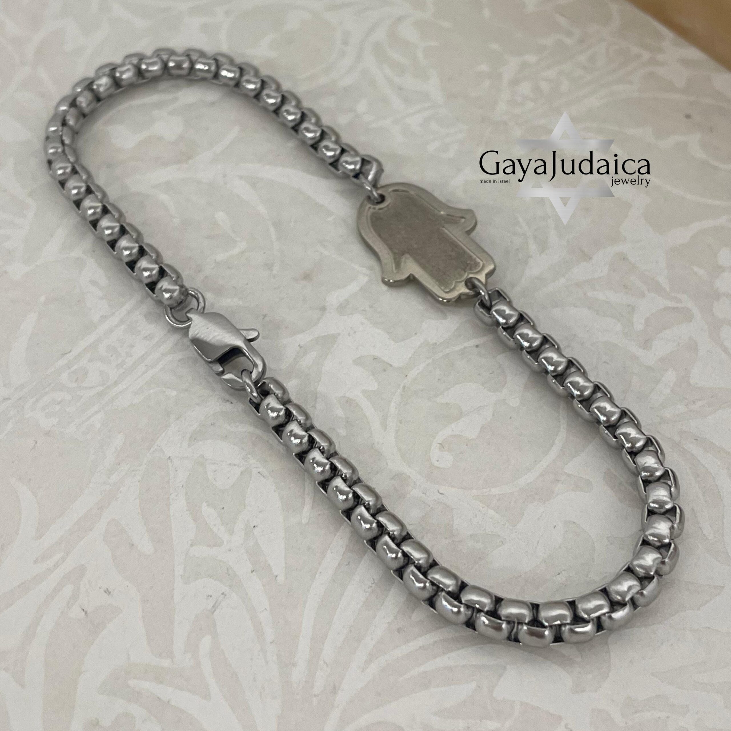 Blackened Silver Hamsa Bracelet — Stainless Steel Chain, Mens Judaica from Israel Blackened Silver Hamsa Bracelet — Stainless Steel Chain, Mens Judaica from Israel