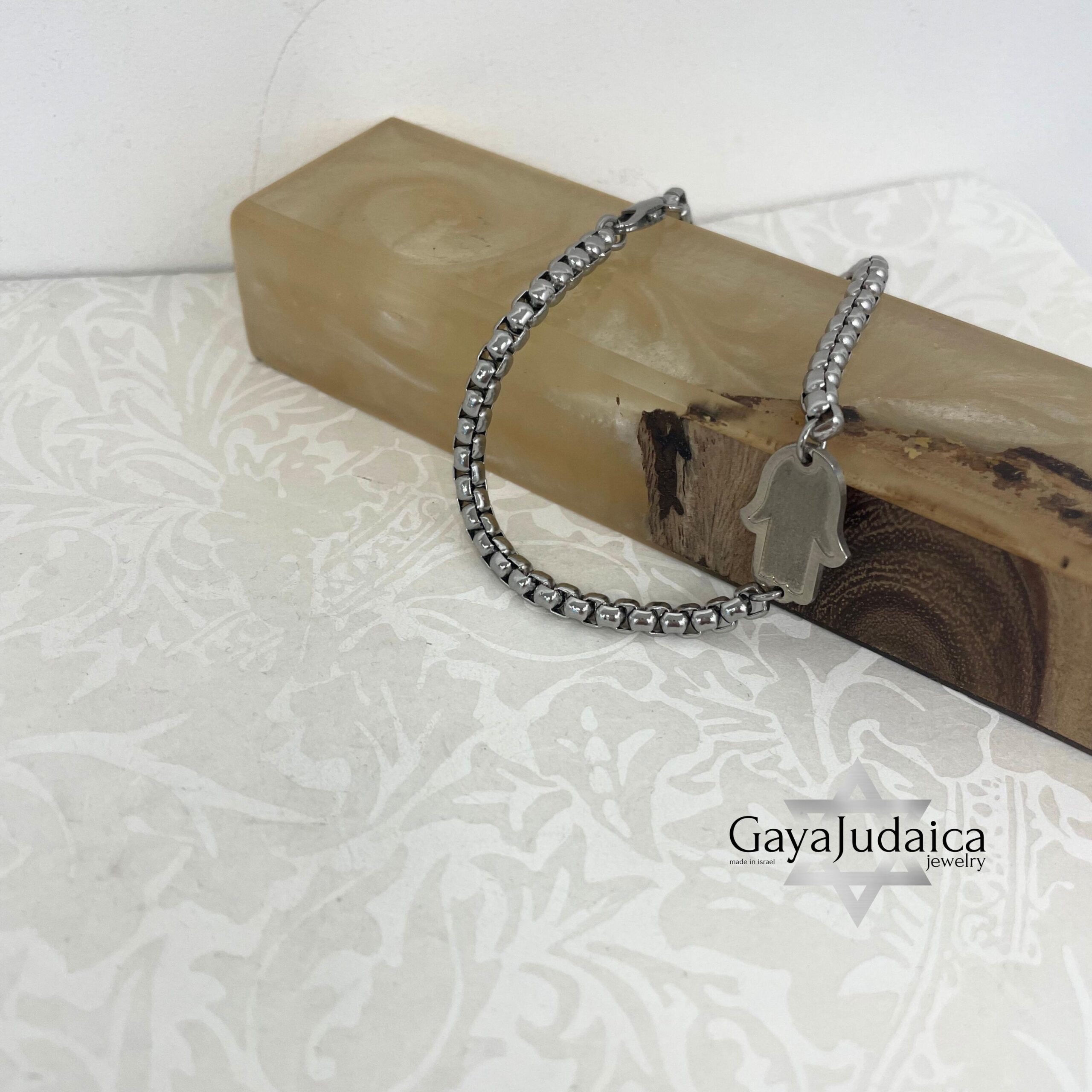 Blackened Silver Hamsa Bracelet — Stainless Steel Chain, Mens Judaica from Israel Blackened Silver Hamsa Bracelet — Stainless Steel Chain, Mens Judaica from Israel