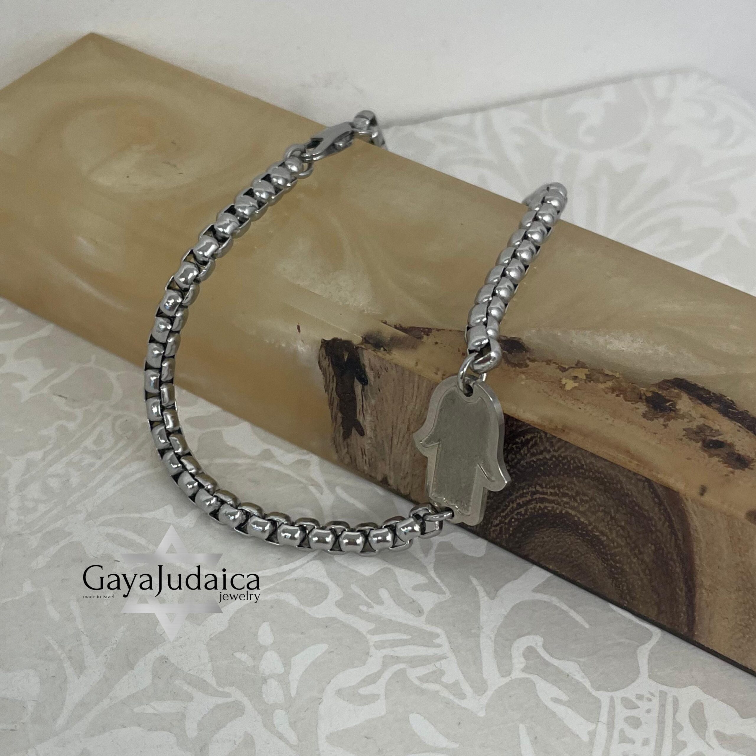 Blackened Silver Hamsa Bracelet — Stainless Steel Chain, Mens Judaica from Israel Blackened Silver Hamsa Bracelet — Stainless Steel Chain, Mens Judaica from Israel