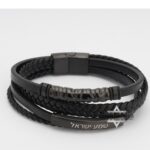 Personalized Braided Leather Bracelet for Men — Engraved Stainless Steel Cuff