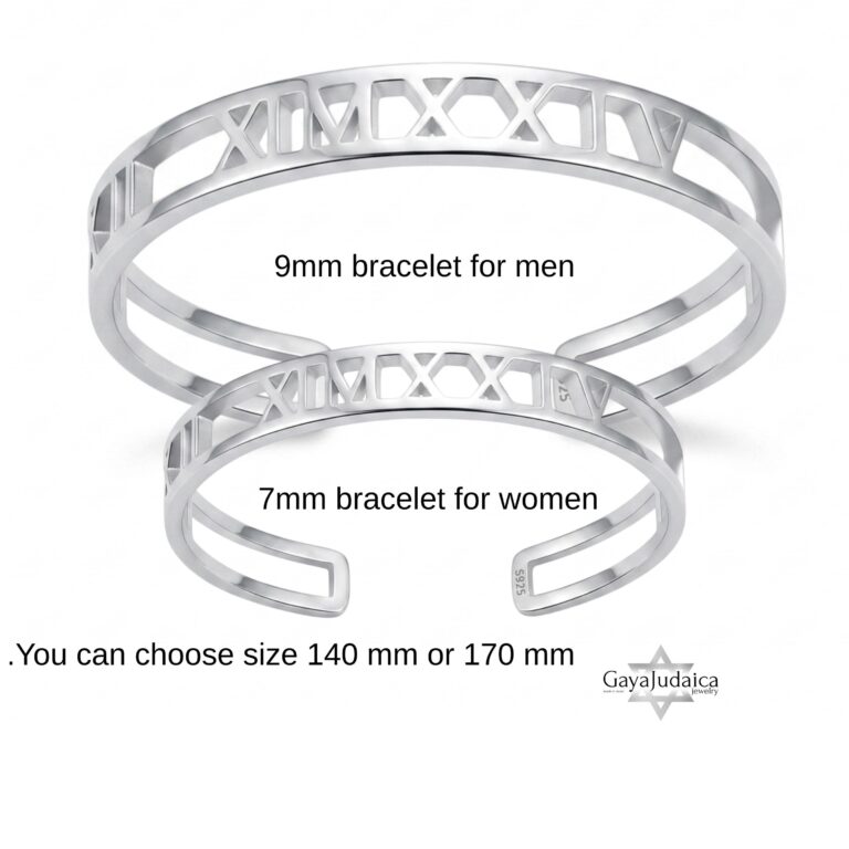 Couple Roman Numeral Cuff Bangle Set of Two — detail view, handmade in Israel