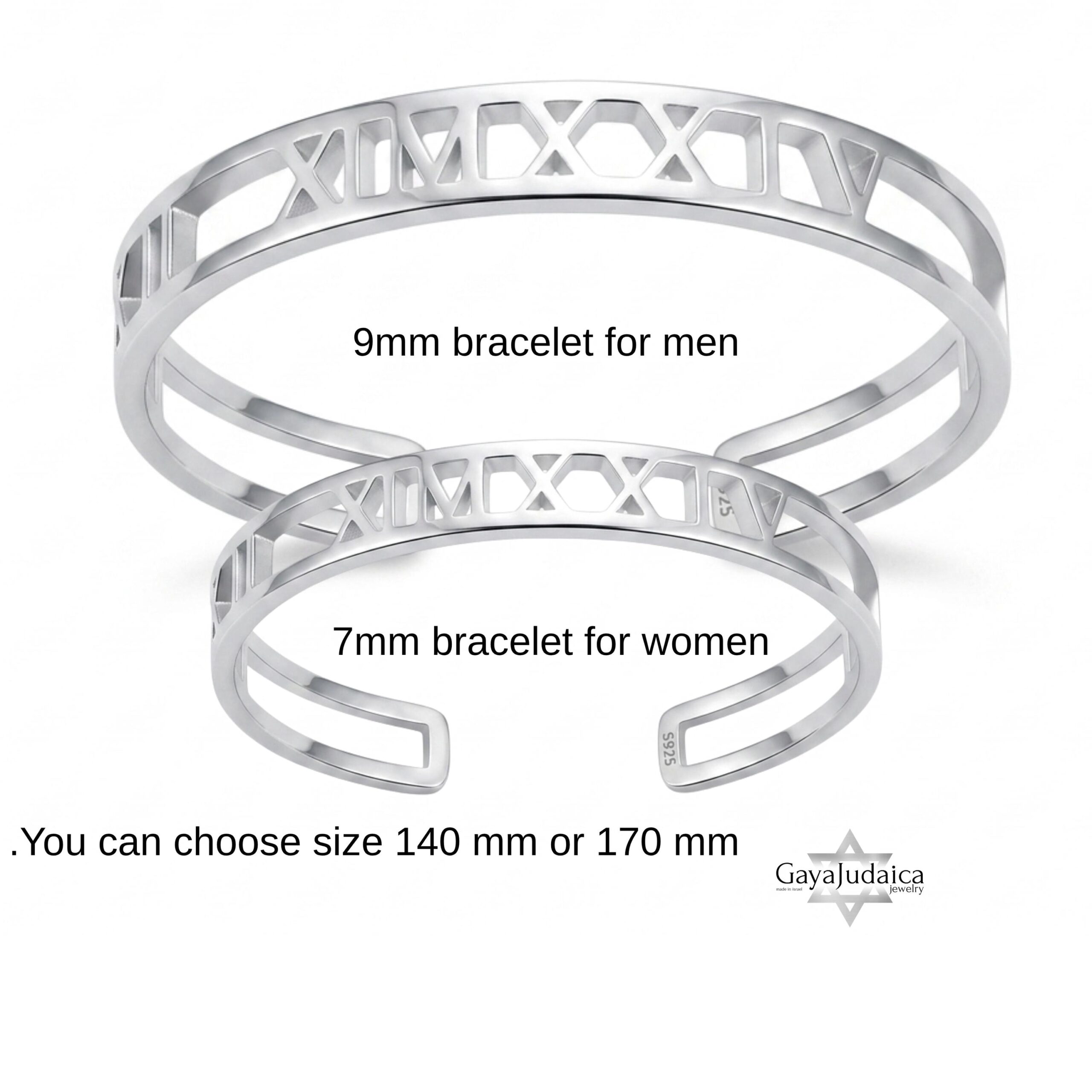 Couple Roman Numeral Cuff Bangle Set — Sterling Silver Pair, 7mm + 9mm Couple Roman Numeral Cuff Bangle Set — Sterling Silver Pair, 7mm + 9mm