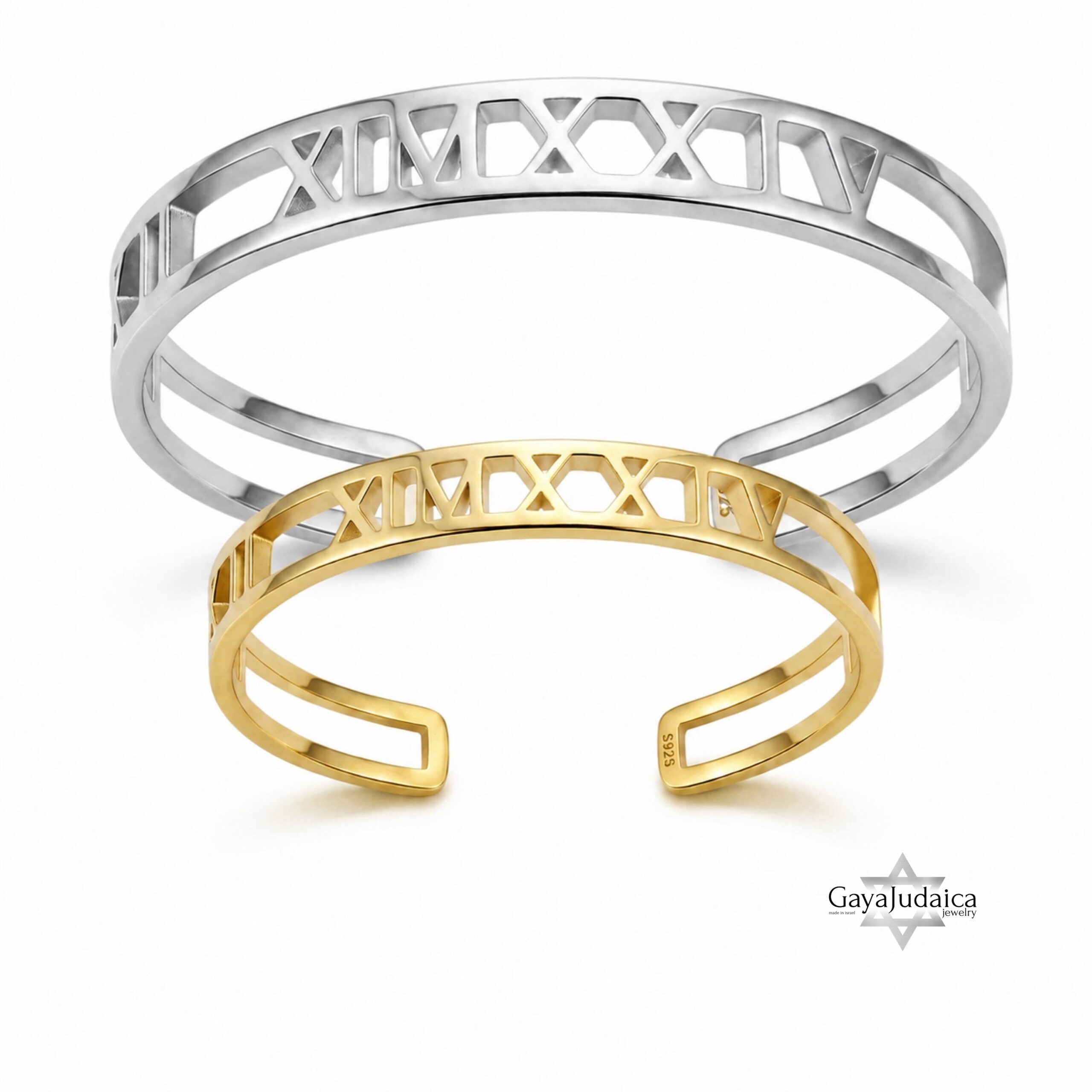 Couple Roman Numeral Cuff Bangle Set — Sterling Silver Pair, 7mm + 9mm Couple Roman Numeral Cuff Bangle Set — Sterling Silver Pair, 7mm + 9mm