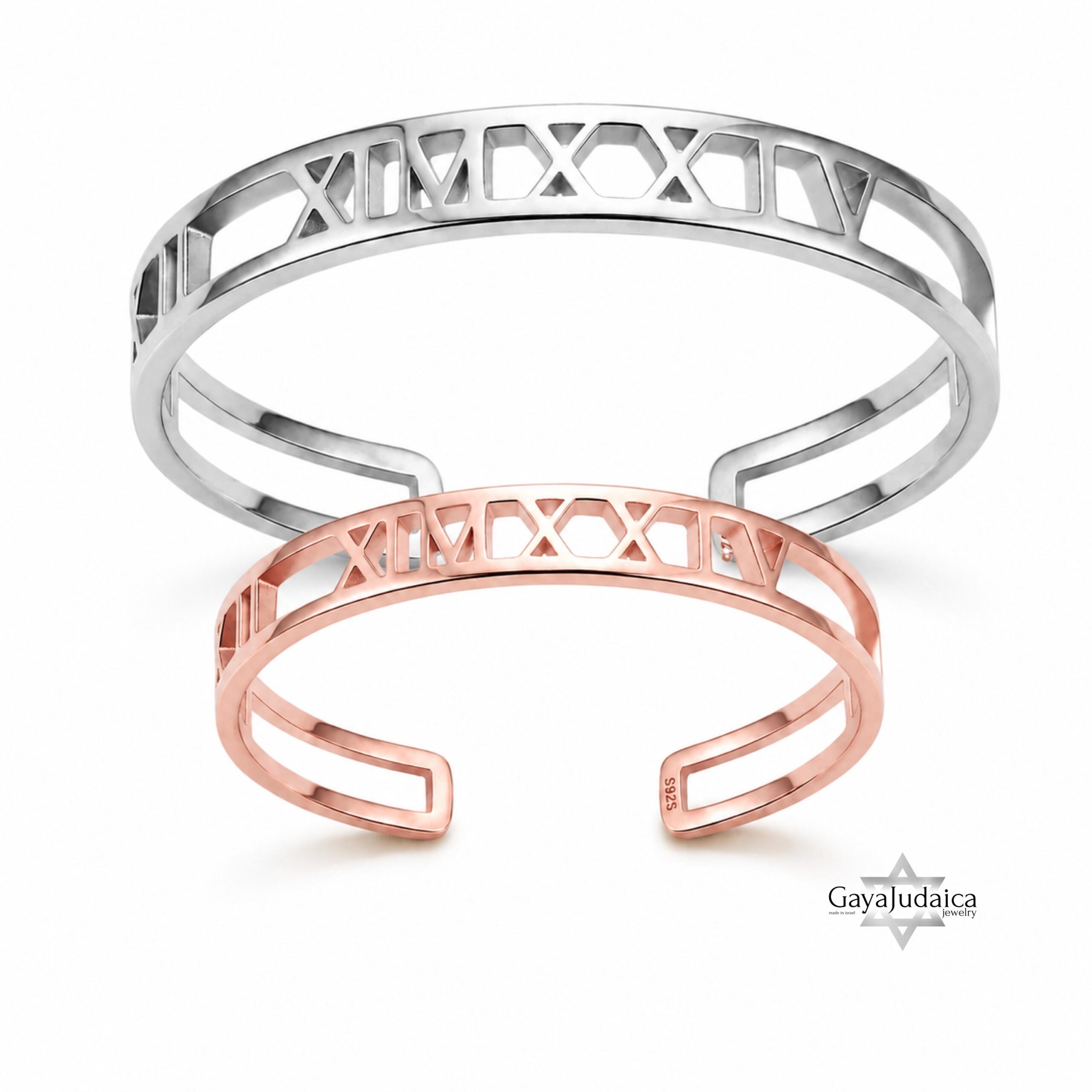 Couple Roman Numeral Cuff Bangle Set — Sterling Silver Pair, 7mm + 9mm Couple Roman Numeral Cuff Bangle Set — Sterling Silver Pair, 7mm + 9mm