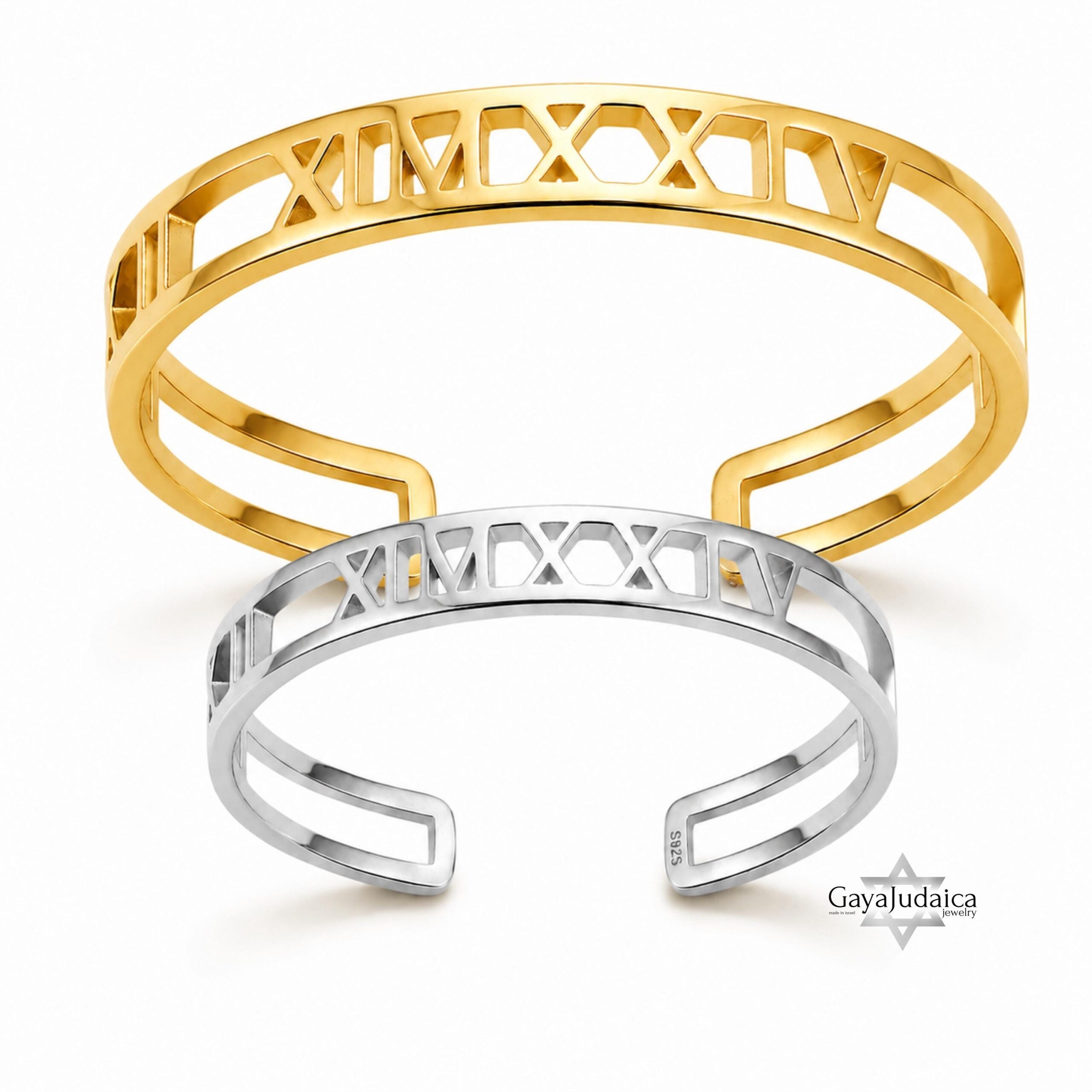 Couple Roman Numeral Cuff Bangle Set — Sterling Silver Pair, 7mm + 9mm Couple Roman Numeral Cuff Bangle Set — Sterling Silver Pair, 7mm + 9mm