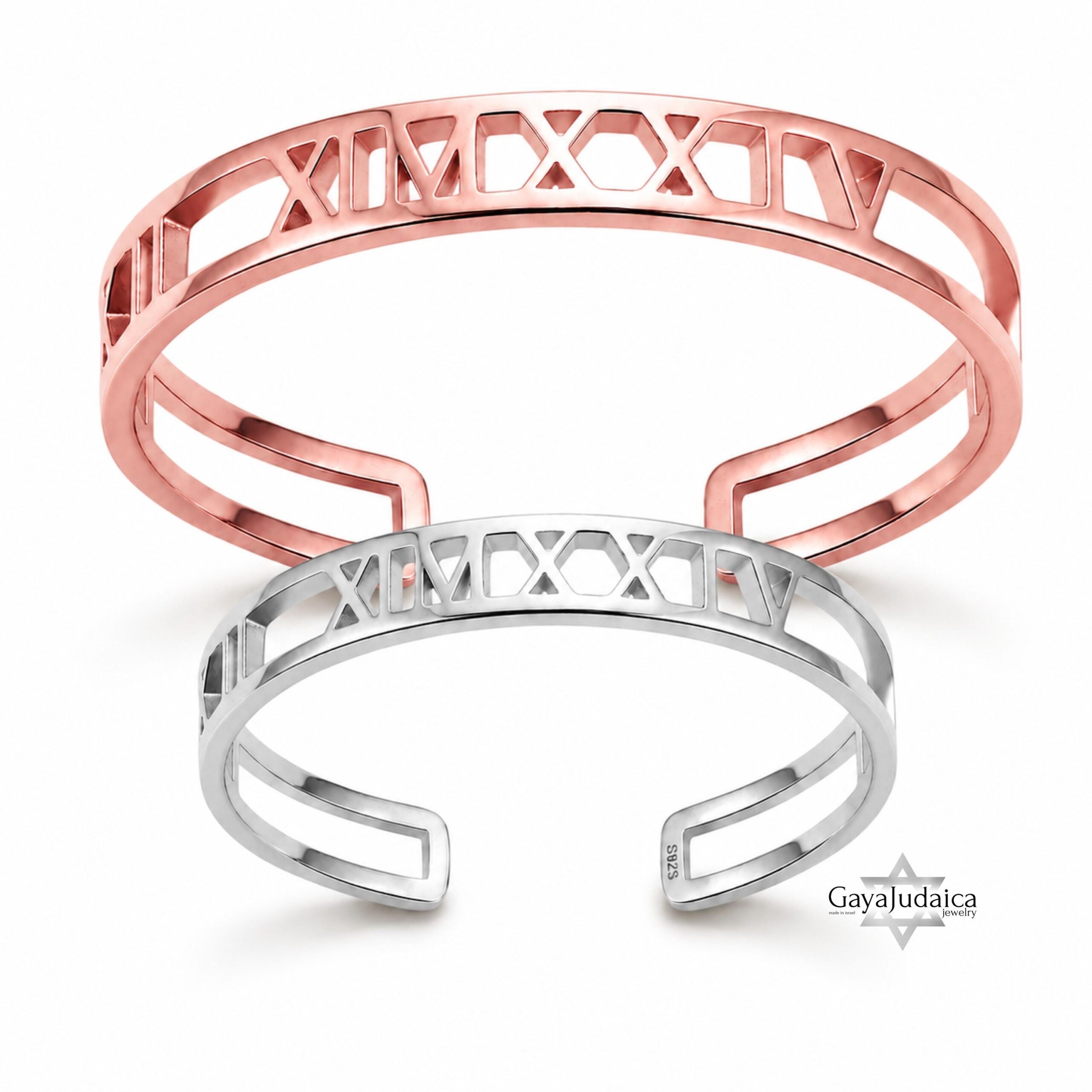 Couple Roman Numeral Cuff Bangle Set — Sterling Silver Pair, 7mm + 9mm Couple Roman Numeral Cuff Bangle Set — Sterling Silver Pair, 7mm + 9mm