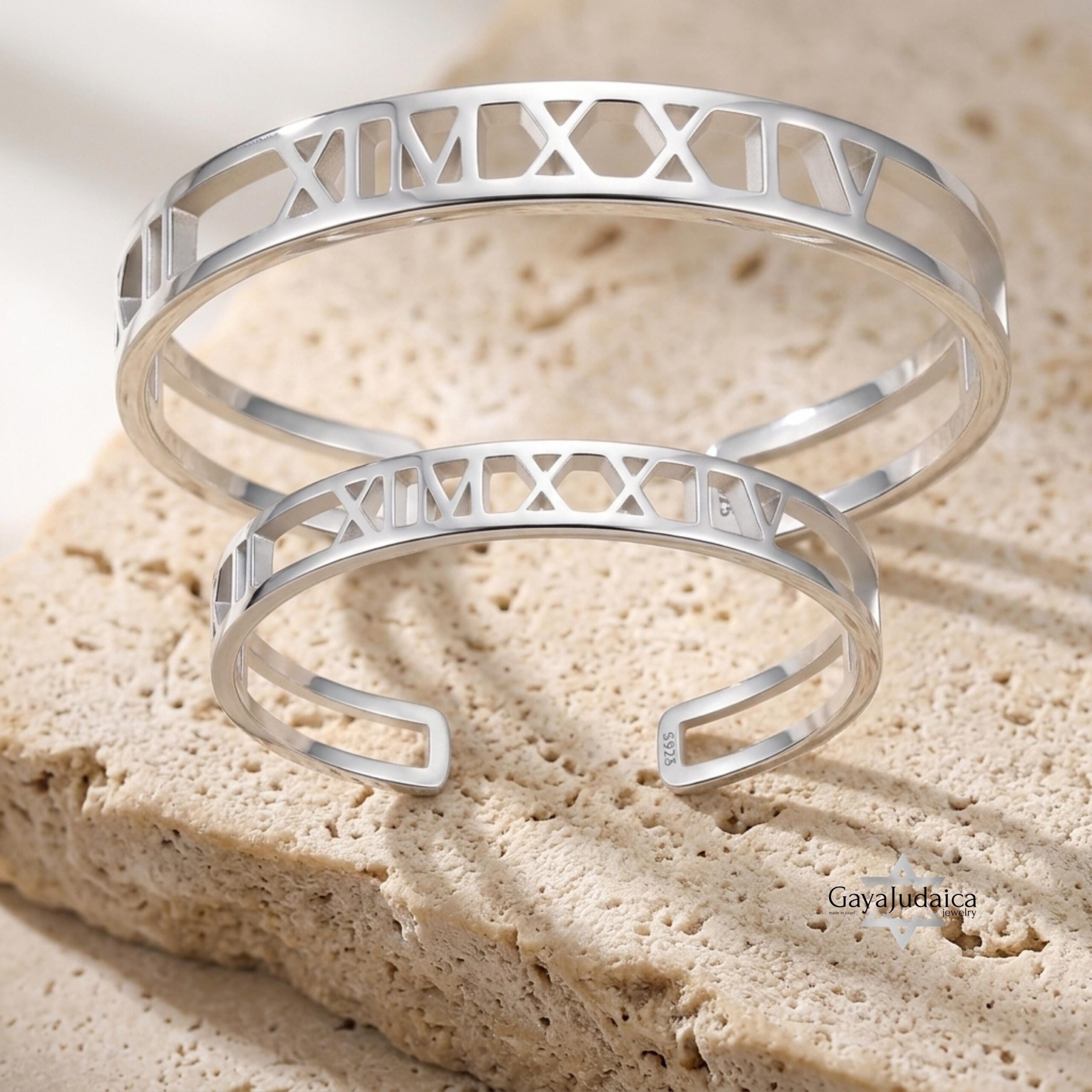 Couple Roman Numeral Cuff Bangle Set — Sterling Silver Pair, 7mm + 9mm Couple Roman Numeral Cuff Bangle Set — Sterling Silver Pair, 7mm + 9mm