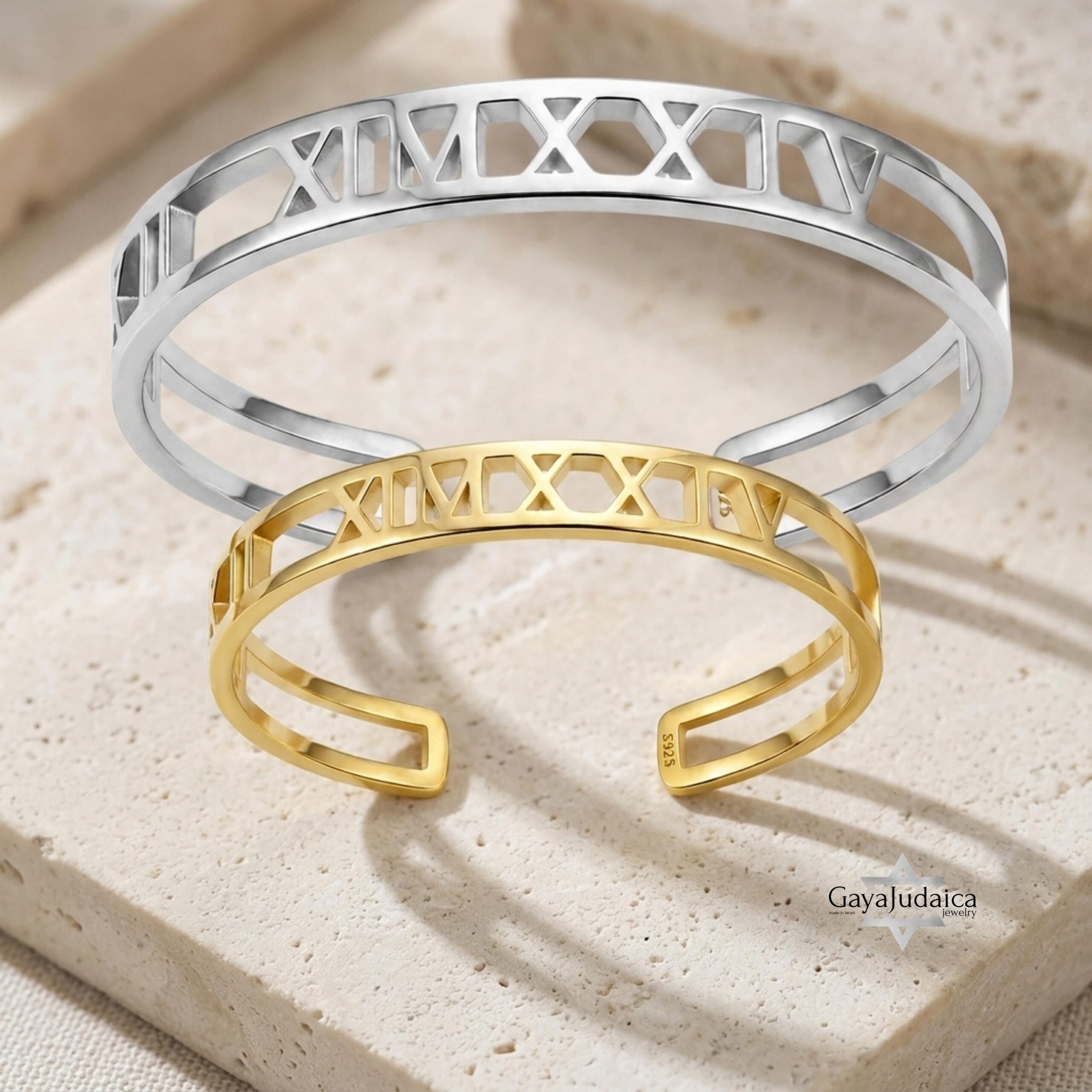 Couple Roman Numeral Cuff Bangle Set — Sterling Silver Pair, 7mm + 9mm Couple Roman Numeral Cuff Bangle Set — Sterling Silver Pair, 7mm + 9mm