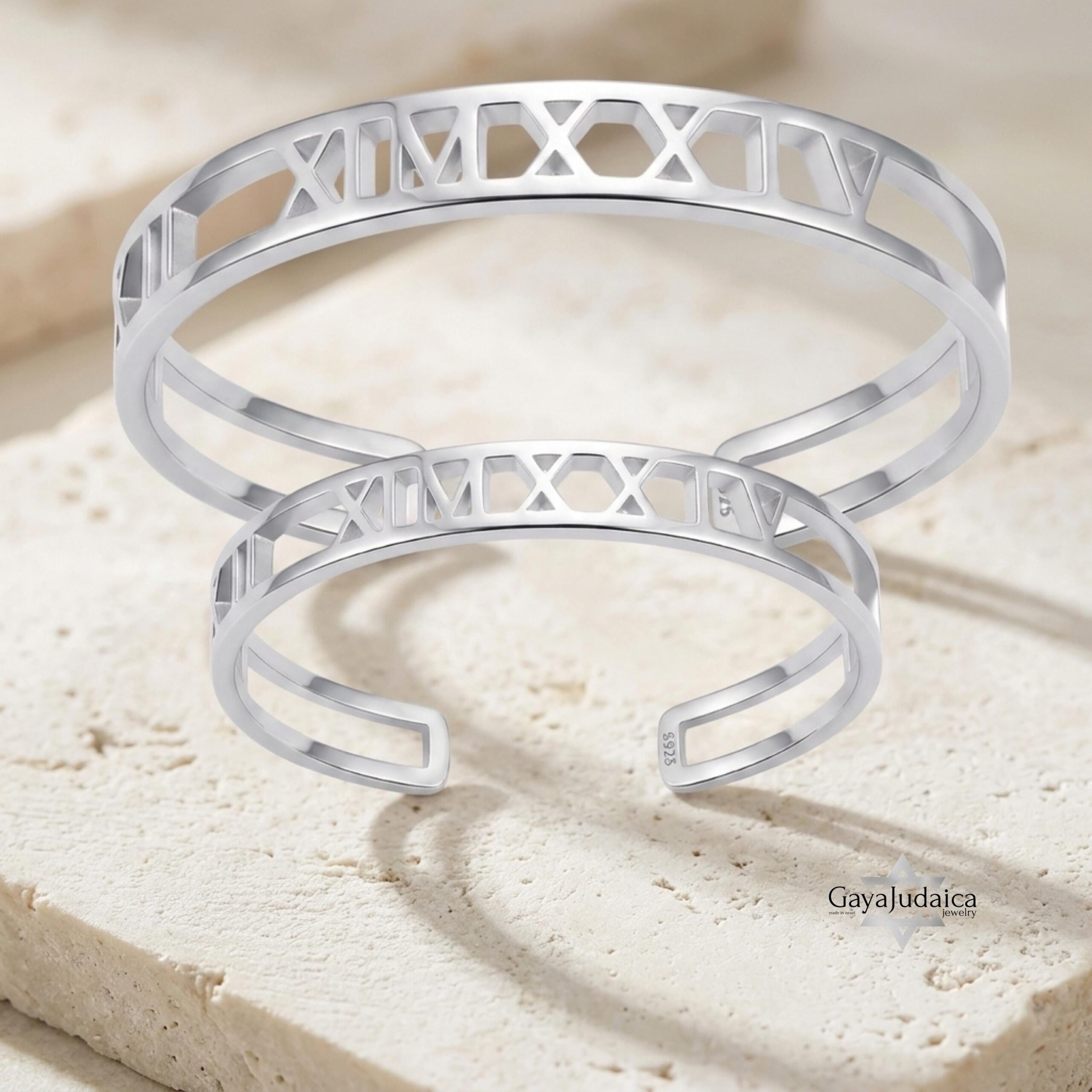 Couple Roman Numeral Cuff Bangle Set — Sterling Silver Pair, 7mm + 9mm Couple Roman Numeral Cuff Bangle Set — Sterling Silver Pair, 7mm + 9mm