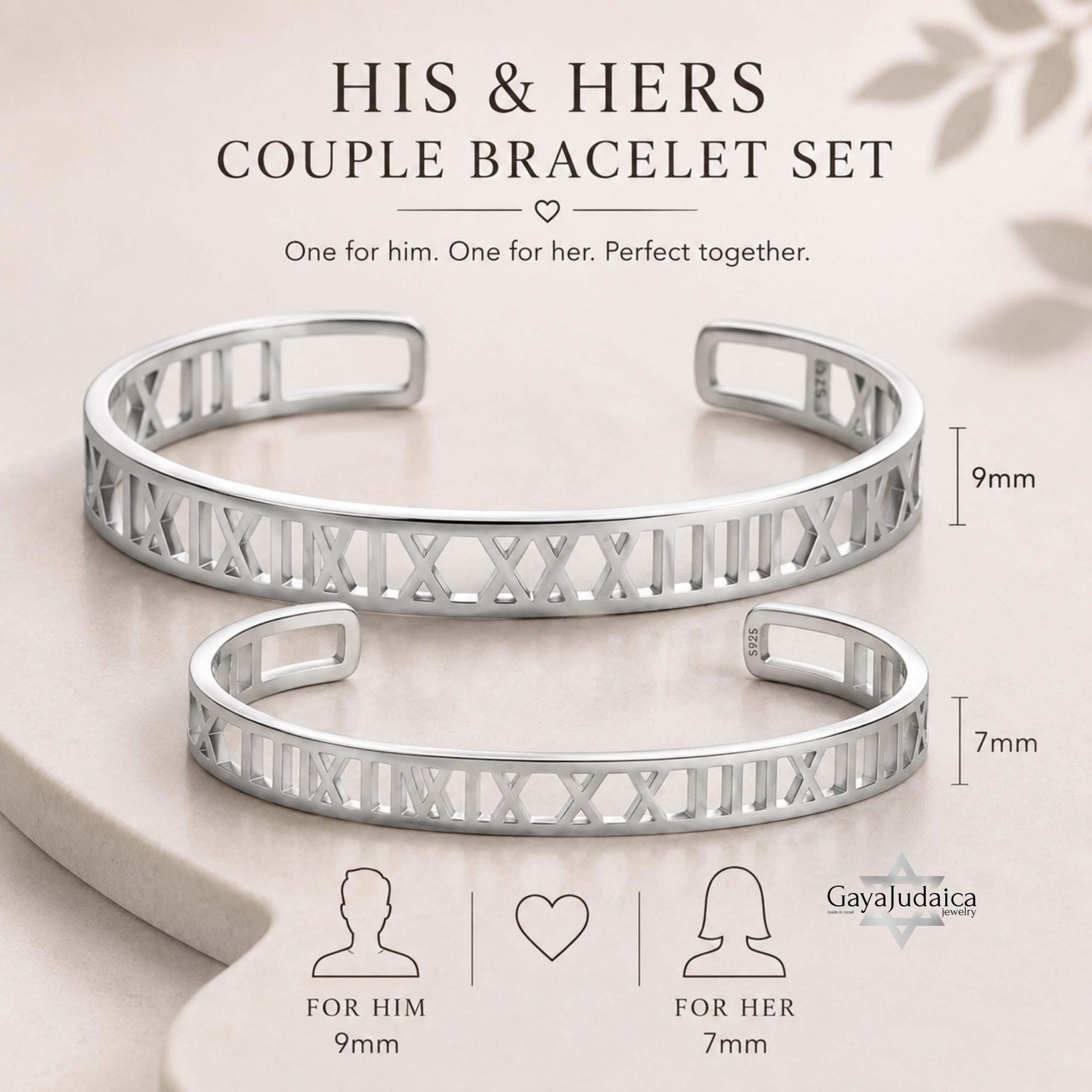 Couple Roman Numeral Cuff Bangle Set — Sterling Silver Pair, 7mm + 9mm Couple Roman Numeral Cuff Bangle Set — Sterling Silver Pair, 7mm + 9mm