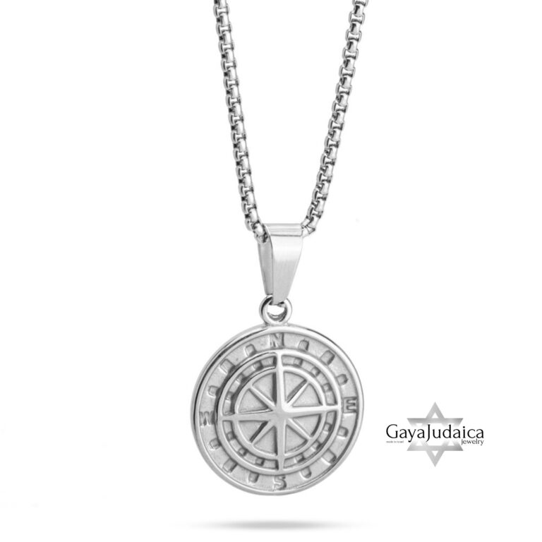 Custom Engraved Compass Necklace Stainless Steel — detail view, handmade in Israel