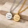 Custom Engraved Round Stainless Steel Pendant Necklace — styled lifestyle, handmade in Israel
