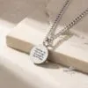 Custom Engraved Round Stainless Steel Pendant Necklace — close-up detail, handmade in Israel