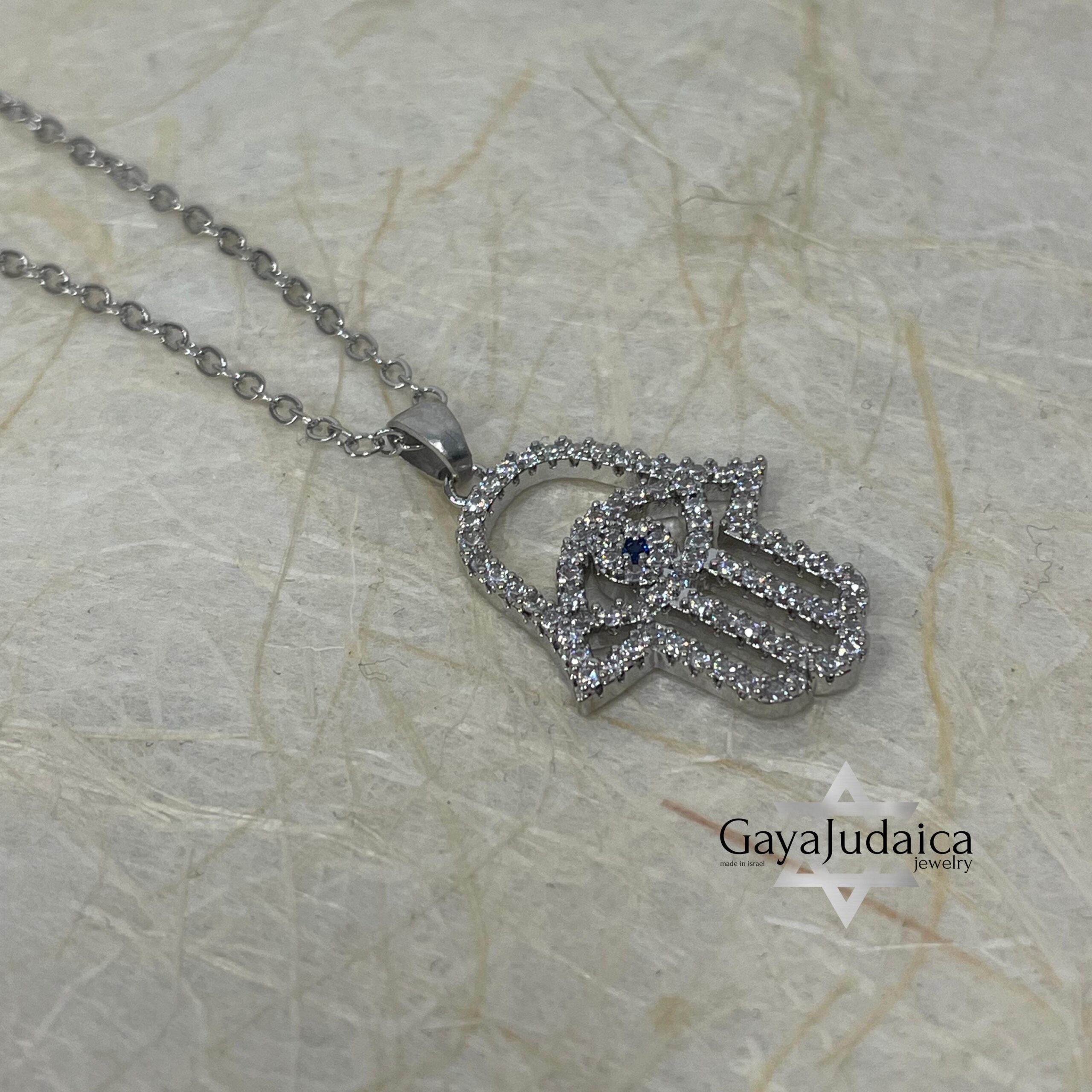 Cubic Zirconia Hamsa Hand Necklace — Stainless Steel, Israeli Jewelry Gift Cubic Zirconia Hamsa Hand Necklace — Stainless Steel, Israeli Jewelry Gift