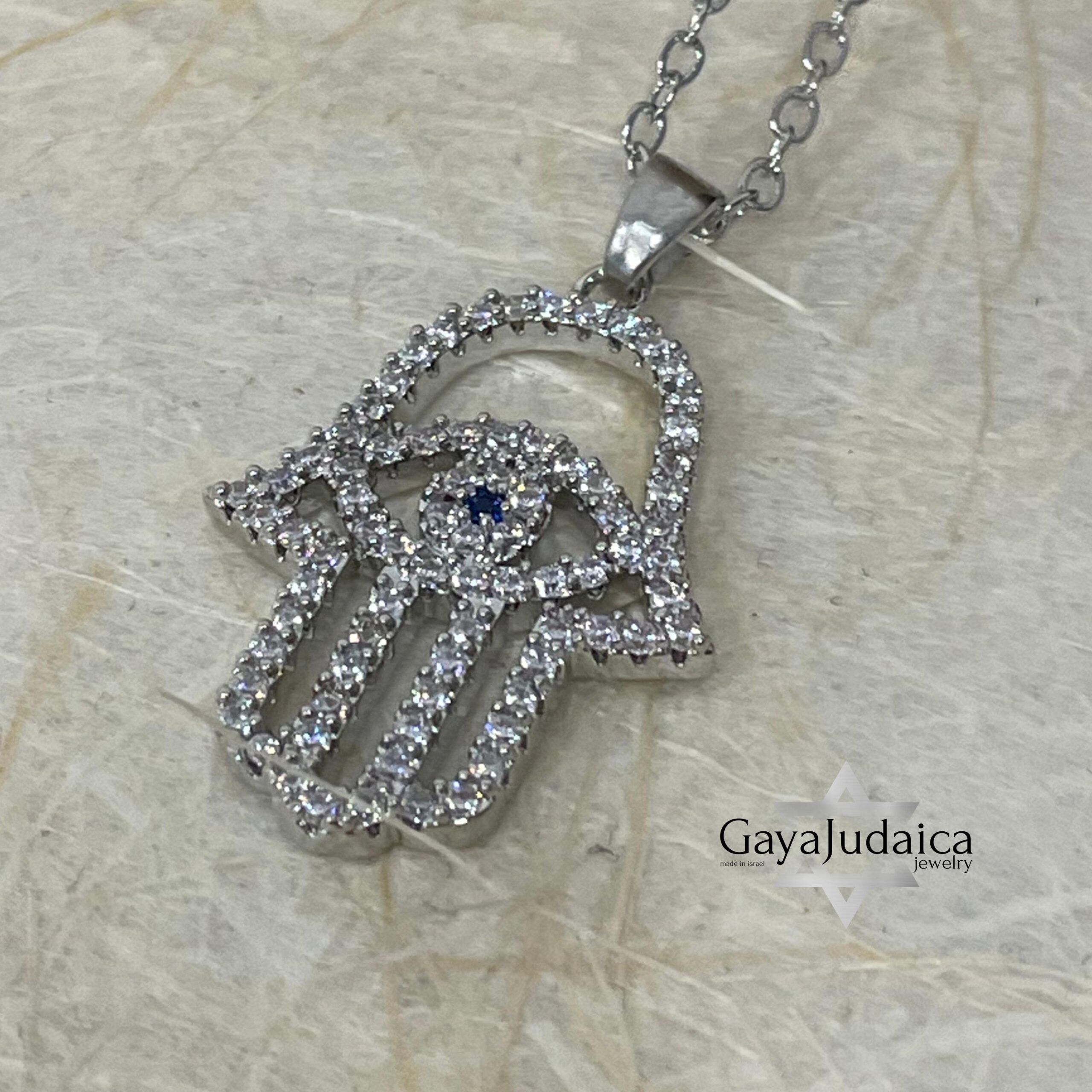 Cubic Zirconia Hamsa Hand Necklace — Stainless Steel, Israeli Jewelry Gift Cubic Zirconia Hamsa Hand Necklace — Stainless Steel, Israeli Jewelry Gift