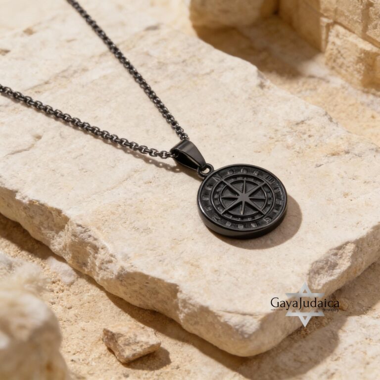 Engraved Black Compass Necklace Stainless Steel — main photo, handmade in Israel