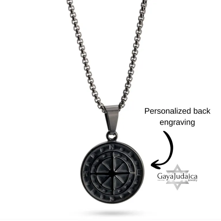 Engraved Black Compass Necklace — Stainless Steel Pendant, Personalized Hebrew Gift