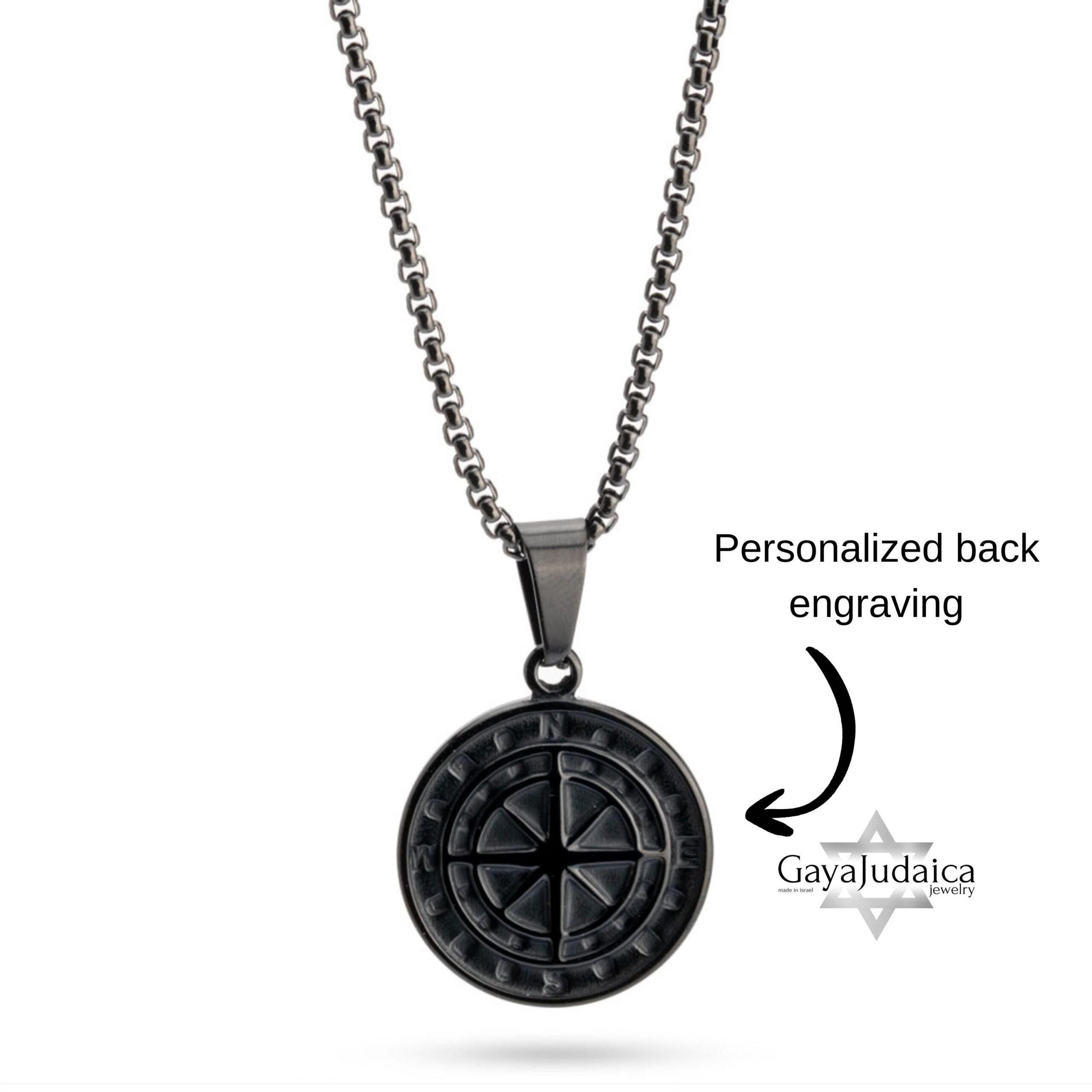 Engraved Black Compass Necklace — Stainless Steel Pendant, Personalized Hebrew Gift Engraved Black Compass Necklace — Stainless Steel Pendant, Personalized Hebrew Gift