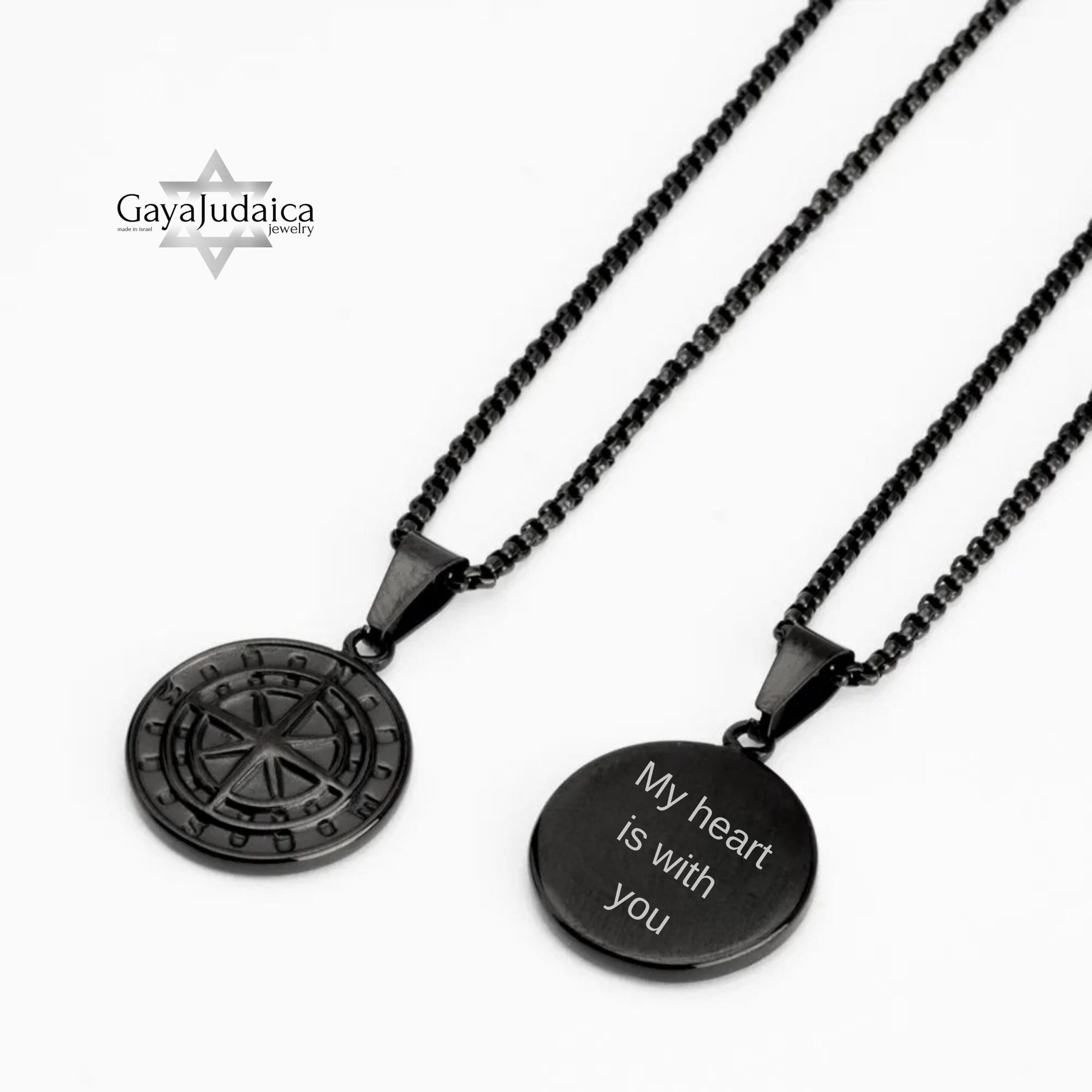 Engraved Black Compass Necklace — Stainless Steel Pendant, Personalized Hebrew Gift Engraved Black Compass Necklace — Stainless Steel Pendant, Personalized Hebrew Gift