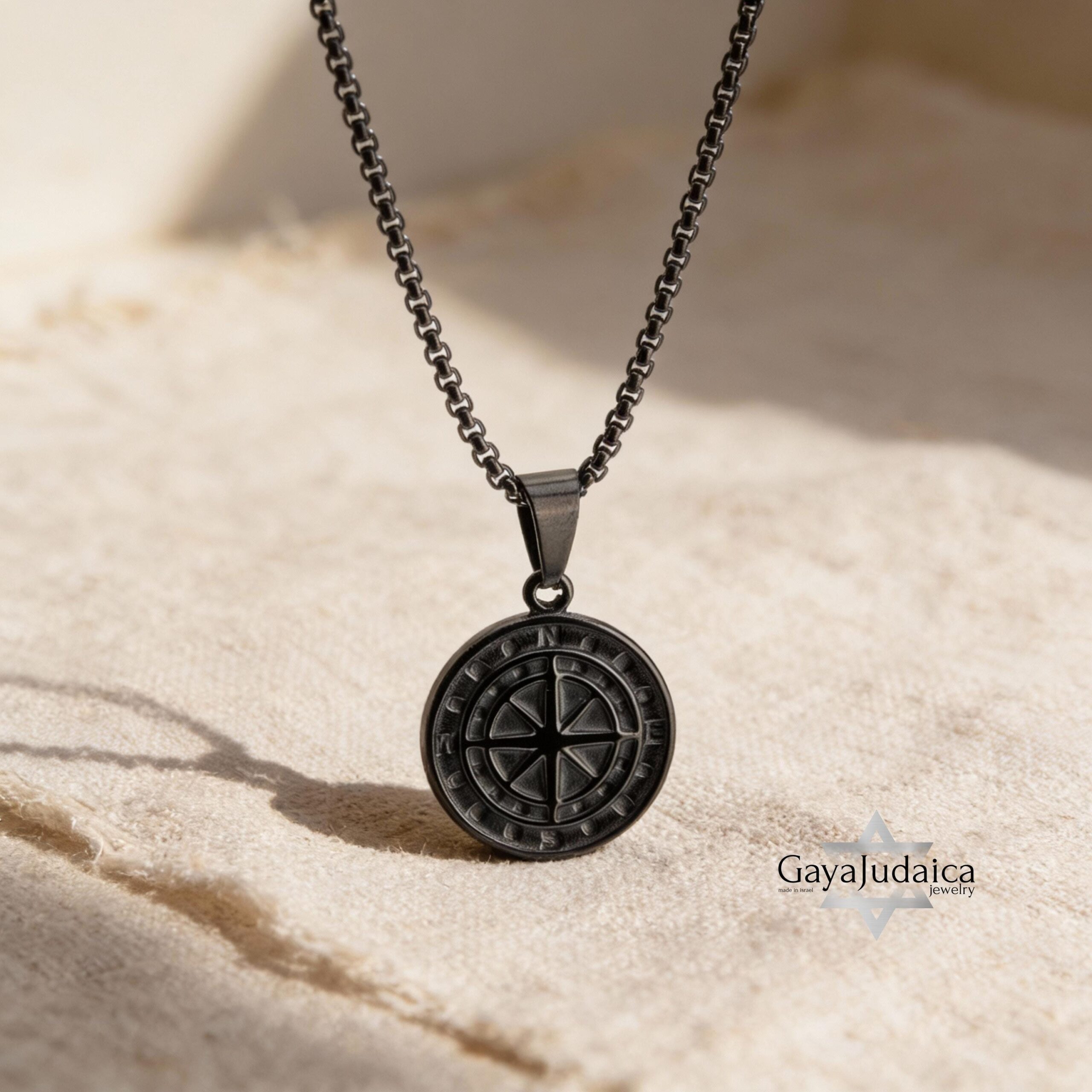 Engraved Black Compass Necklace — Stainless Steel Pendant, Personalized Hebrew Gift Engraved Black Compass Necklace — Stainless Steel Pendant, Personalized Hebrew Gift