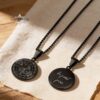 Engraved Black Compass Necklace Stainless Steel — plate composition, handmade in Israel
