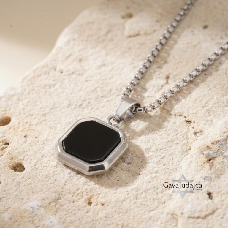 Engraved Black Onyx Tag Necklace Stainless Steel — main photo, handmade in Israel