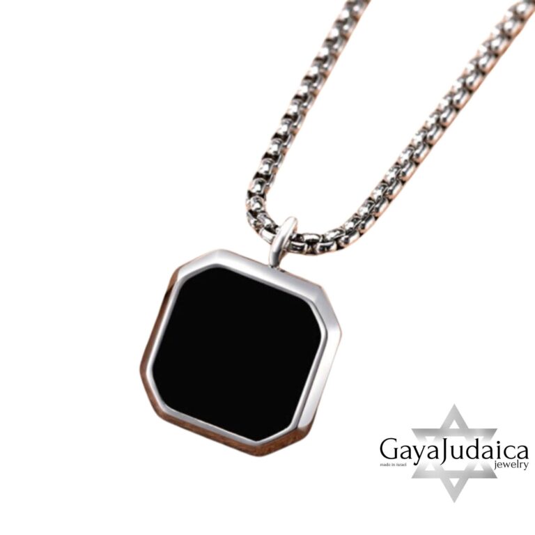 Engraved Black Onyx Tag Necklace Stainless Steel — detail view, handmade in Israel