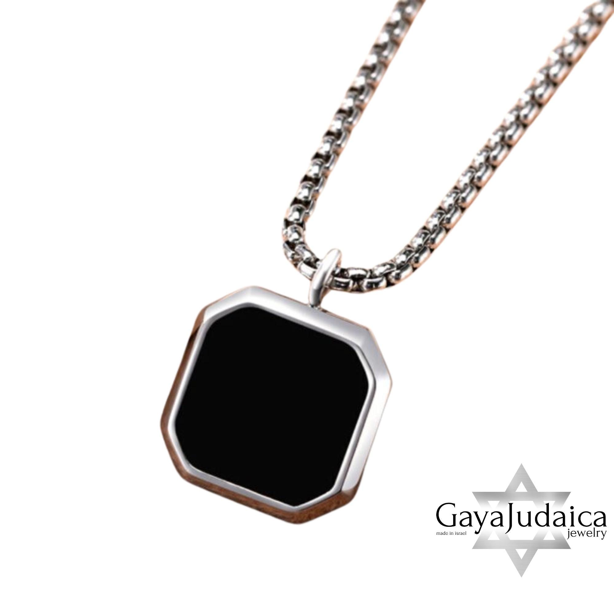 Engraved Black Onyx Tag Necklace — Stainless Steel Pendant, Jewish Jewelry Gift Engraved Black Onyx Tag Necklace — Stainless Steel Pendant, Jewish Jewelry Gift