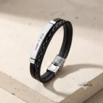 Personalized Leather Bracelet for Men — Custom Engraved Stainless Steel Bar, Braided
