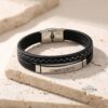 Personalized Leather Bracelet for Men with Engraved Steel Bar — alternate angle, handmade in Israel