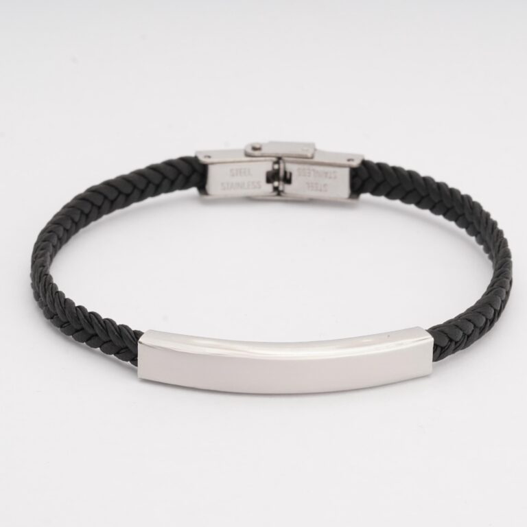 Mens Braided Leather Bracelet Engraved Cuff — detail view, handmade in Israel