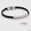 Mens Braided Leather Bracelet Engraved Cuff — close-up detail, handmade in Israel