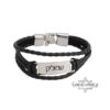 Personalized Mens Braided Leather Bracelet Engraved Nameplate — close-up, handmade in Israel