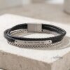Personalized Mens Stainless Steel Bracelet with Engraved Bar — three finishes side by side, handmade in Israel