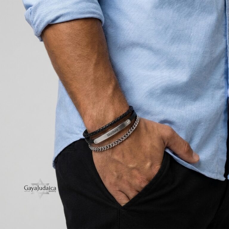 Personalized Mens Stainless Steel Bracelet with Engraved Bar — additional view, handmade in Israel