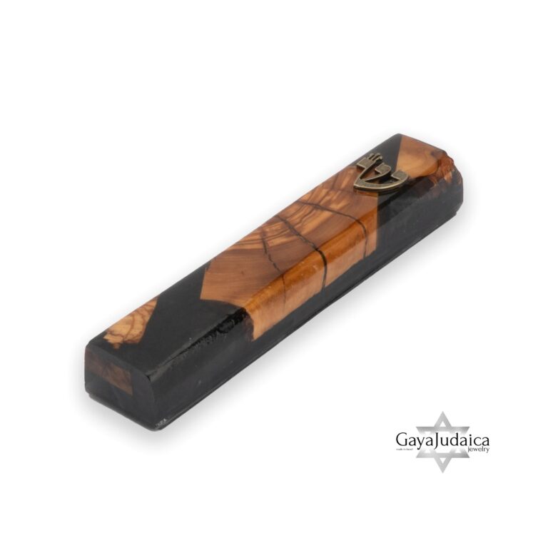 Olive Wood Mezuzah Case Black Epoxy — detail view, handmade in Israel