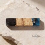 Handmade Olive Wood Mezuzah — Blue & Black Epoxy, Modern Judaica