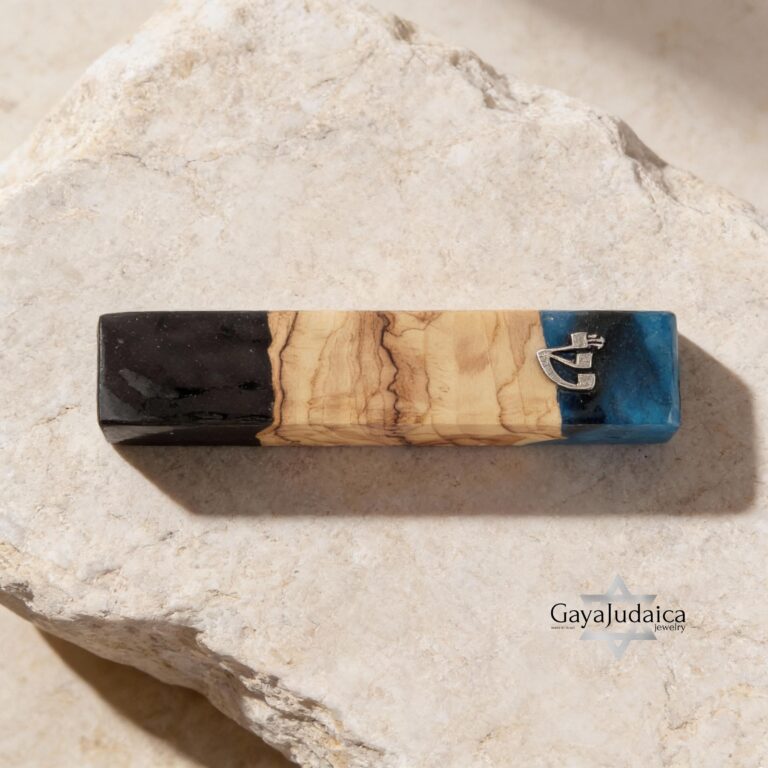 Olive Wood Mezuzah Case Blue and Black Epoxy — main photo, handmade in Israel