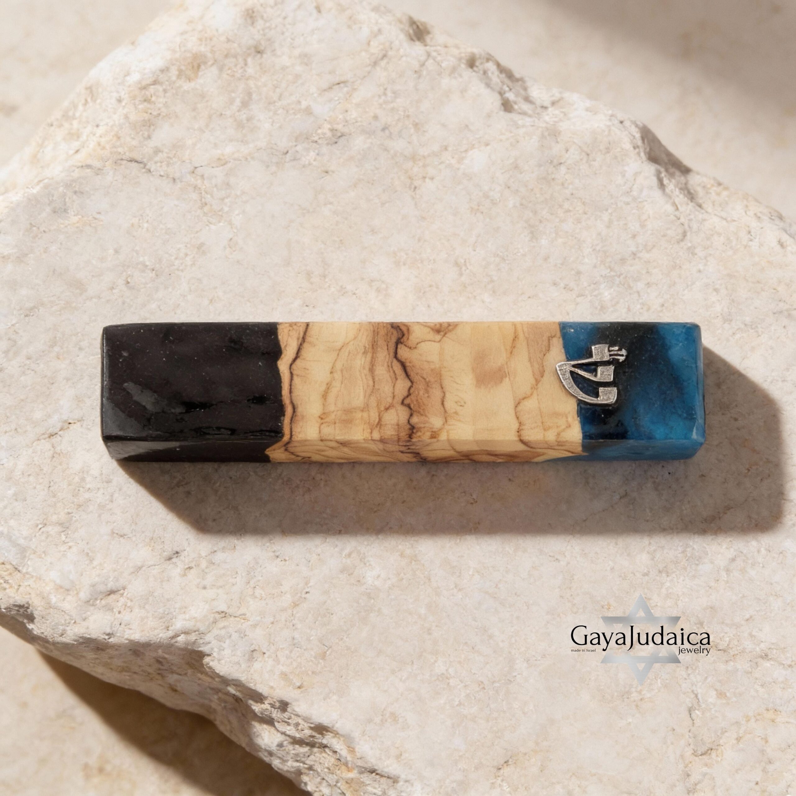 Handmade Olive Wood Mezuzah — Blue & Black Epoxy, Modern Judaica Handmade Olive Wood Mezuzah — Blue & Black Epoxy, Modern Judaica
