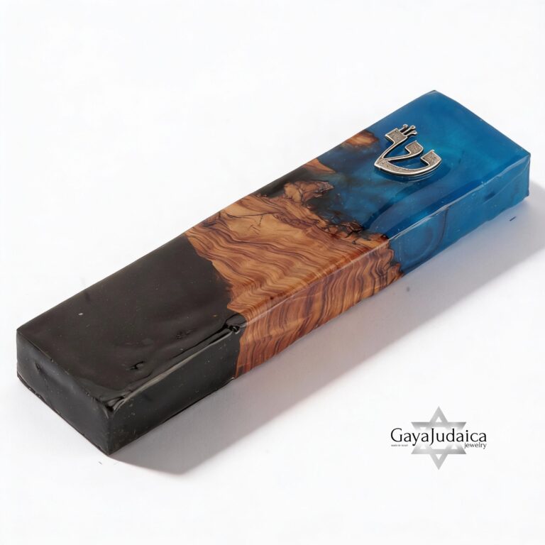 Olive Wood Mezuzah Case Blue and Black Epoxy — detail view, handmade in Israel
