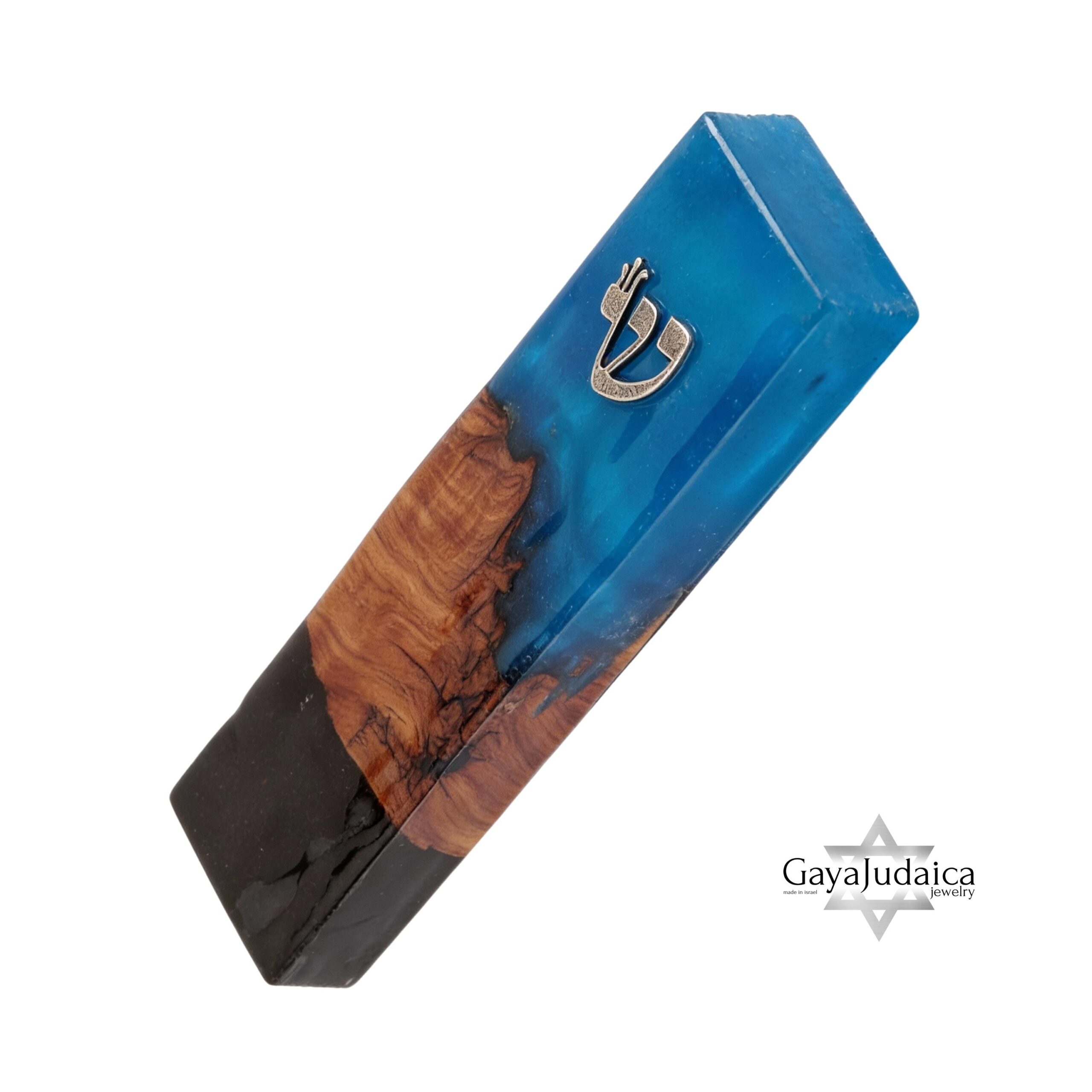 Handmade Olive Wood Mezuzah — Blue & Black Epoxy, Modern Judaica Handmade Olive Wood Mezuzah — Blue & Black Epoxy, Modern Judaica