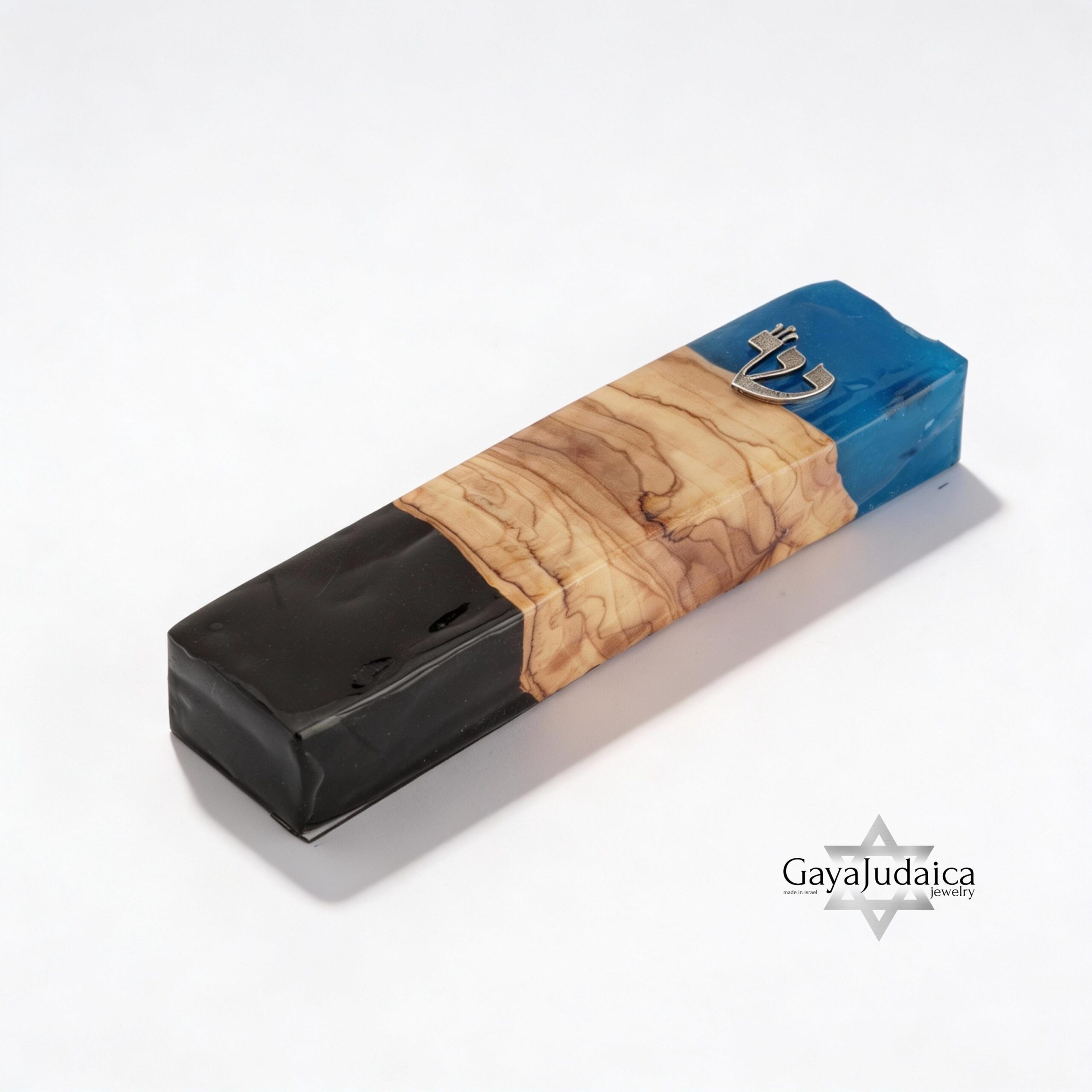 Handmade Olive Wood Mezuzah — Blue & Black Epoxy, Modern Judaica Handmade Olive Wood Mezuzah — Blue & Black Epoxy, Modern Judaica