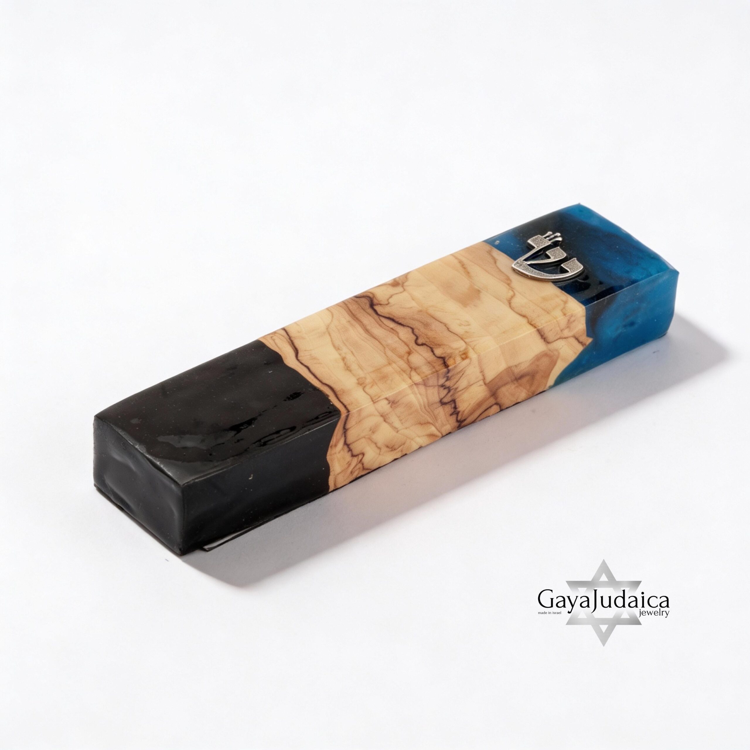 Handmade Olive Wood Mezuzah — Blue & Black Epoxy, Modern Judaica Handmade Olive Wood Mezuzah — Blue & Black Epoxy, Modern Judaica